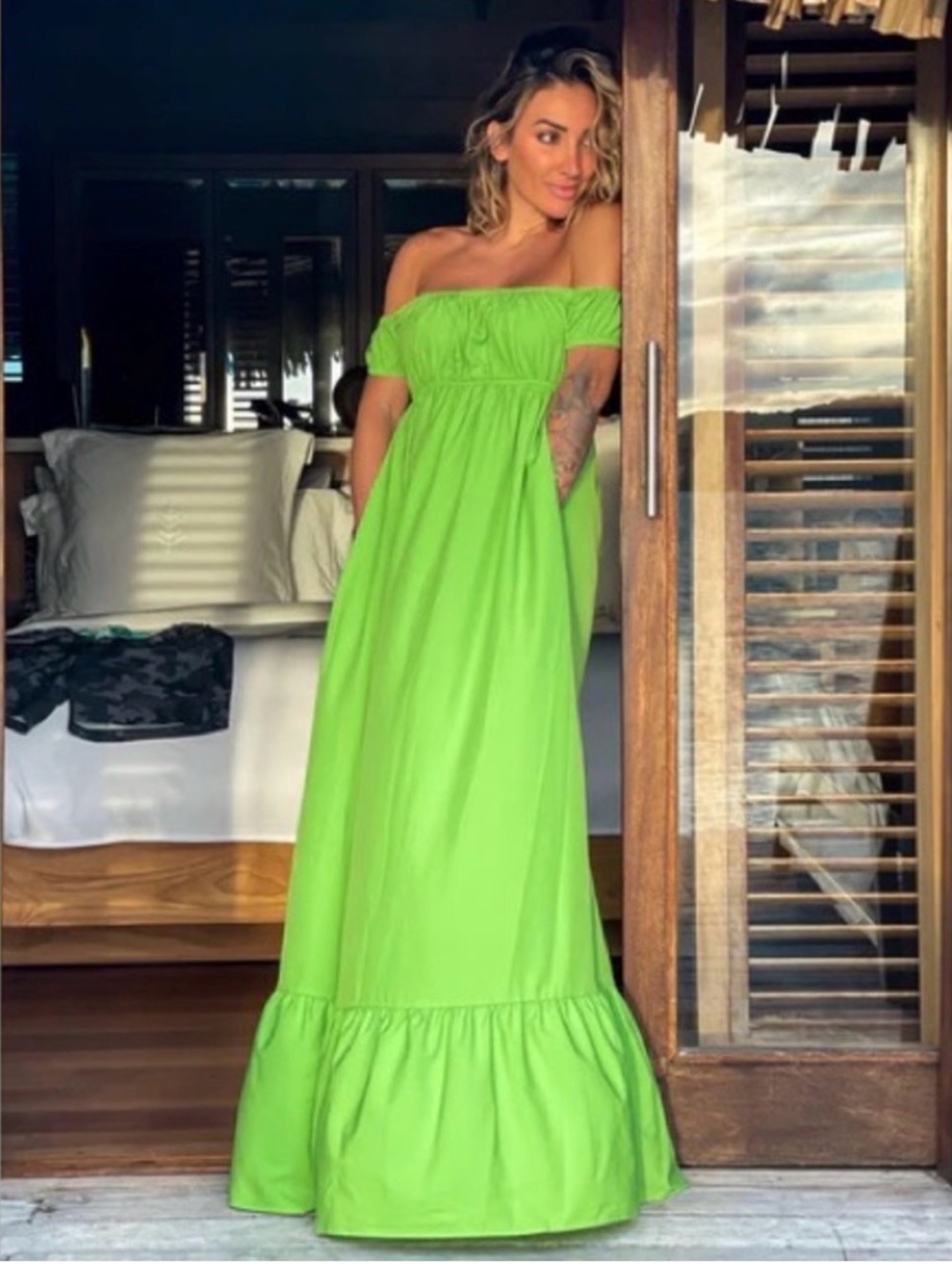 ByEgreis off the shoulder green maxi dress